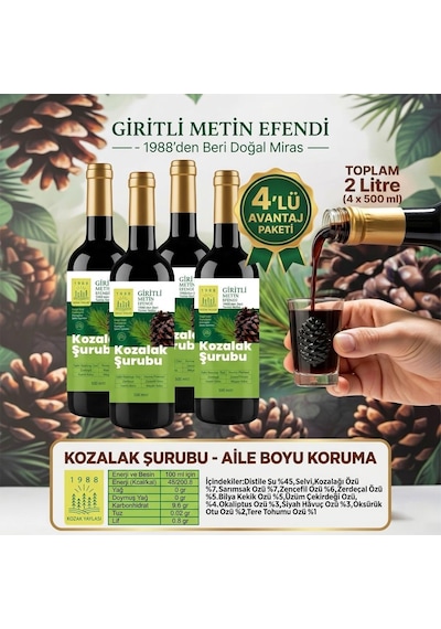 4 X 500 Ml Kozak Bergama Vakfı Kozalak Şurubu Giritli Metin Efendi