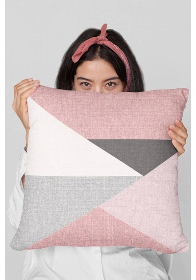 Pembe Geometrik Desenli Çift Taraflı Kırlent Kılıfı Krl390n11