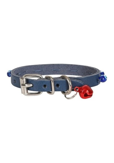 Gerçek Deriden El Yapımı Boncuklu Kedi Boyun Tasması 1x18-22 Cm, Lacivert