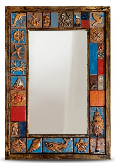 El Yapımı Deniz Temalı Dekoratif Ayna Seramik Çerçeveli, Rustik & Bohem Duvar Aynası Banyo, Antre, Salon 74x51cm Ahşap