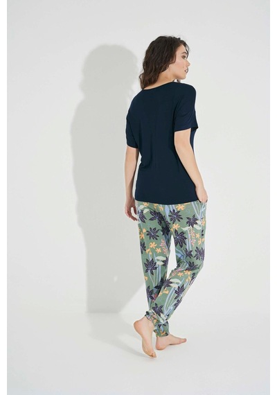 Monamise Kadın Çiçek Ve Yaprak Baskılı "summer Vocation" Pijama Takımı 23098 Lacivert
