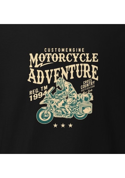 Wildstyle Motorcycle Adventure Motosiklet Macera Vintage Yol Baskılı Unisex Bisiklet Yaka Pamuklu Tişört - Siy