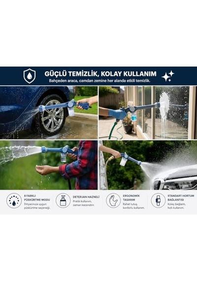 8 Fonksiyonlu Sulama Ve Yıkama Tabancası, Deterjan Hazneli, Jet, Sis, Köpük Ve Yağmur Modları