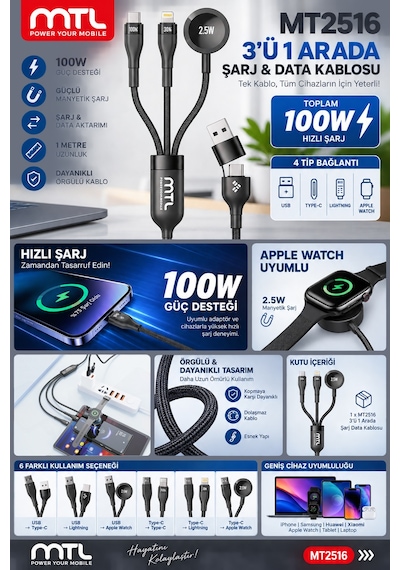 3'ü 1 Arada 100w Pd Hızlı Şarj Kablosu Type-c Lightning Apple Watch Uyumlu Örgülü 1 Metre Mt2516