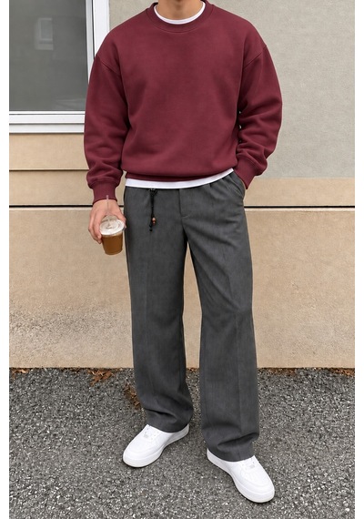 Cool Tarz Erkek 3 İplik Şardonlu Regular Fit Bisiklet Yaka Basic Sweatshirt Bordo Bordo
