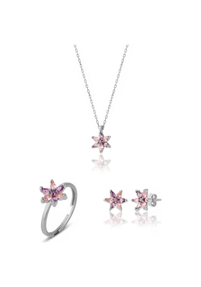 Zanaatsilver 925 Ayar Gümüş Ametist-pembe Taşlı Rodyumlu Nilüfer Çiçeği Takım