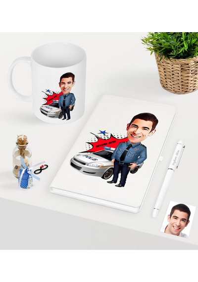 Kişiye Özel Bay Trafik Polisi Karikatürlü Beyaz Defter Kalem Kupa N11.2517 Beyaz