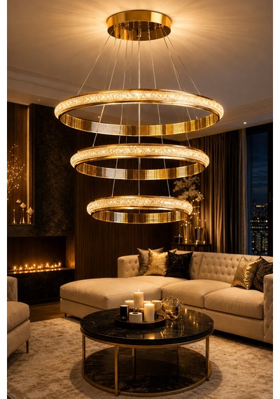 Ottoman Premium Lüks Cristalya Serisi Orjinal Gold Kaplamalı Premium Kalın Çizgili Kasalı Kumandalı Dimmerli 3 Renk Ledli Sarkıt Ledli Avize Led Avize-çap 50 Cm Gold Gold