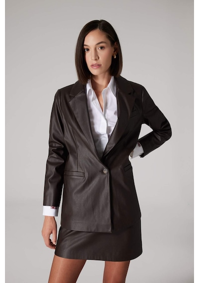 DeFacto x Sorbe OversizeGeniş Kalıp Ceket Yaka Suni Deri Düğmeli Blazer Ceket D9714AX24AUBN225 Kahve