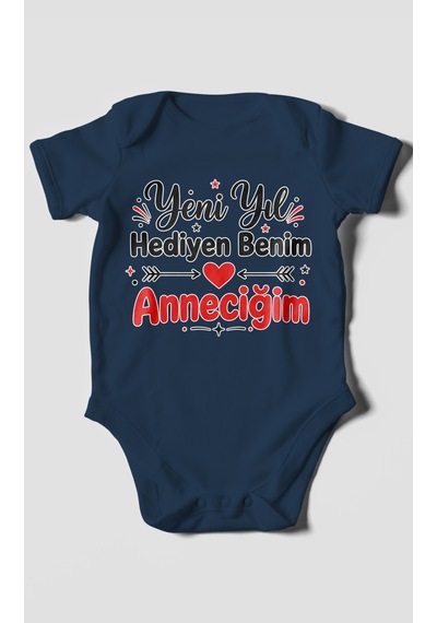 Morivokids Yeni Yıl Hediyen Benim Anneciğim Kısa Kollu Bebek Body %100 Pamuk Lacivert