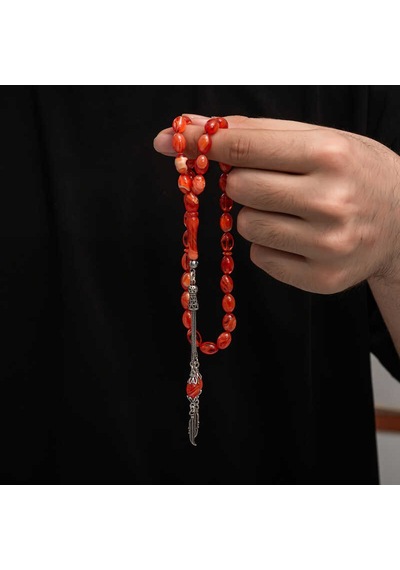 Gümüş Püskül Sıkma Kehribar Tesbih Kırmızı 11814012
