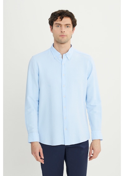 AC&Co / Altınyıldız Classics Erkek Mavı Slim Fit Dar Kesim Düğmeli Yaka Armürlü Gofre Desenli Gömlek Mavi