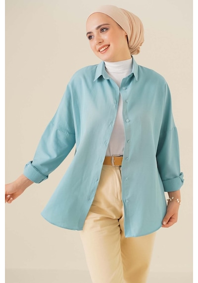 Bigdart 103901 Oversize Basic Tesettür Gömlek - Su Yeşili 001