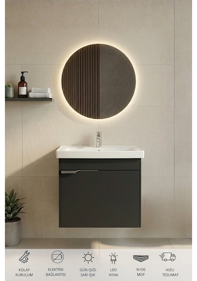 Kasırga Antrasit 50 Cm, Led Aynalı, Banyo Dolabı Seti, Seramik Lavabo Dahil, Mdf, Led'li Kasırga Antrasit 50 Cm, Led Aynalı, Banyo Dolabı Seti, Seramik Lavabo Dahil, Mdf, Led'li