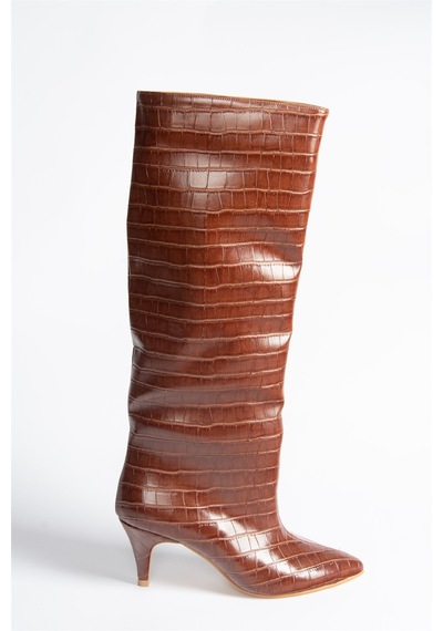 Fox Shoes Taba Kroko Baskı Alçak Topuklu Kadın Çizme N749204011 Taba
