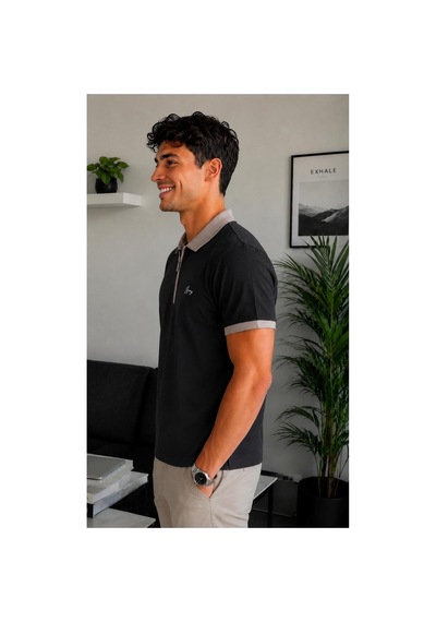 Graz Erkek Regular Fit Rahat Kesim Polo Yaka %100 Pamuk Tişört Siyah Toprak