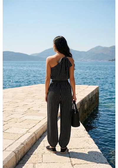 Balon Fit Pantolon Ve Bağlama Detaylı Bluz Alt Üst Takım Siyah