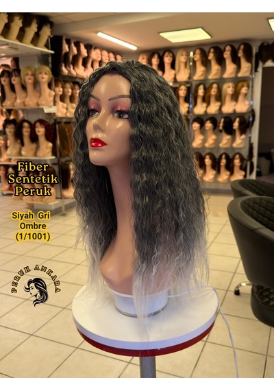 Afro Su Dalgası Peruk Fiber Sentetik Siyah Gri Ombre