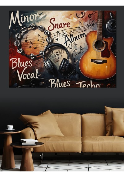 Müzik Notları Ve Klasik Gitar Dekoratif Kanvas - Mdf Ahşap Tablo