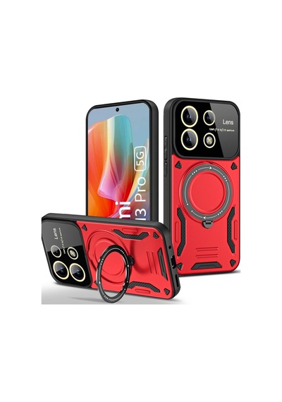 Redmi Note 13 Pro 4g Kılıf Manyetik Standlı Joy Lens Premium Tank Silikon Kapak - Kırmızı Kirmizi