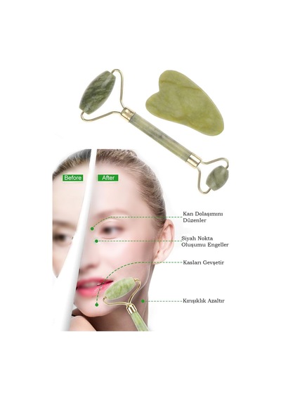 2li Jade Roller Kalp Şeklinde Ve Çift Taraflı Yüz Masaj Aleti Yüz Bakım Seti 2li Set Doğal