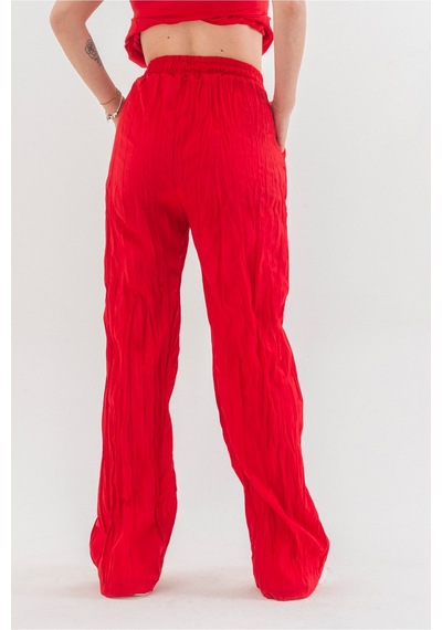 Bold & Young Kraşlı Cepli Beli Lastikli Viskon Polyester Dokuma Pantolon Kırmızı