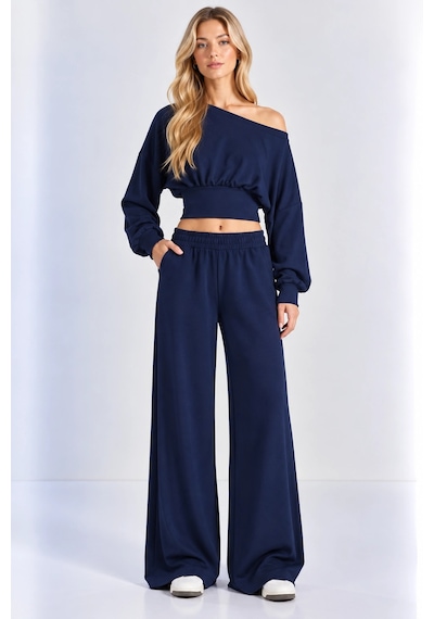 Mevese Kayık Yaka Korseli Crop Bluz - Cep Detaylı Palazzo Modal Takım - Lacivert Mevese Kayık Yaka Korseli Crop Bluz - Cep Detaylı Palazzo Modal Takım - Lacivert