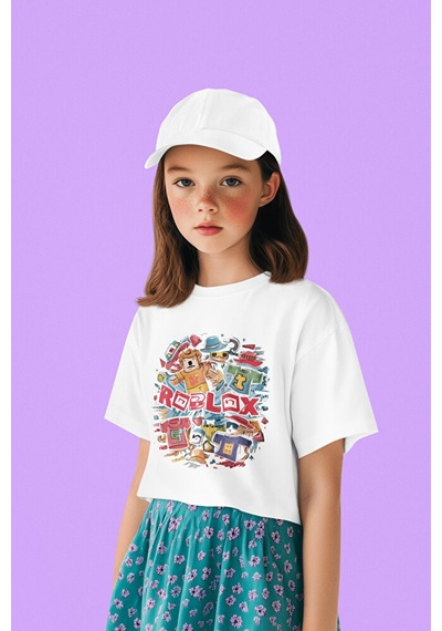 Sevbano Unisex Roblox Oyun Baskılı Çocuk Tişört 1-12 Yaş Beyaz