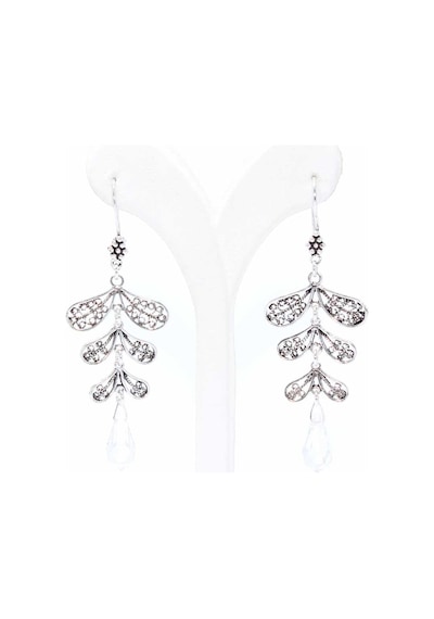 Swarovski Taşlı Yaprak Motifli Sallantılı 925 Ayar Gümüş Telkari
