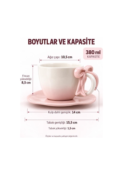 Valkyrie Ribbon Serisi 2 Parça 380 Ml Pembe Fiyonklu Tabaklı Çay Kahve Kupa Fincan Seti