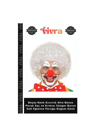 Beyaz Renk Kıvırcık Afro Bonus Peruk Saç Ve Kırmızı Sünger Burun Seti Eğlence Peruğu Doğum Günü