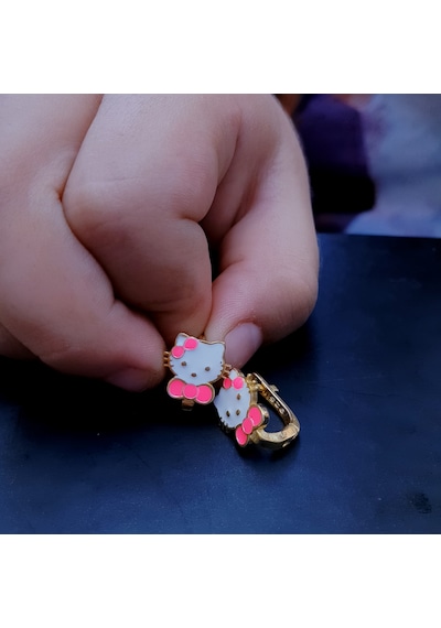 22 Ayar Altın Kaplama Pembe Fiyonklu Kedili Gümüş Çocuk Küpesi
