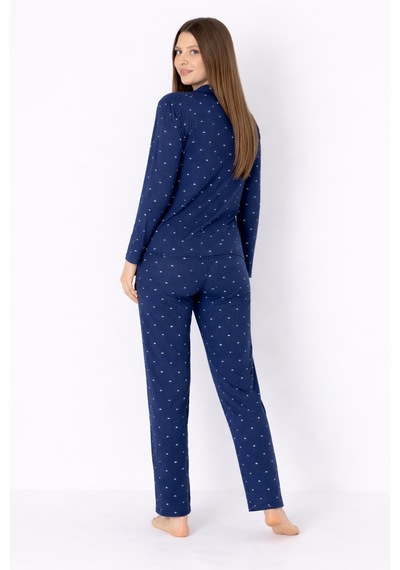 Charme Kadın Lacivert Desenli Düğmeli Uzun Kollu Rahat Pijama Takımı Lacivert