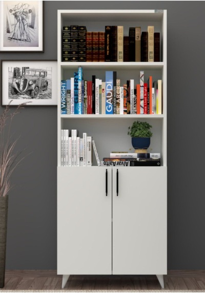 %100 Mdf Kapaklı Tekli Modül Ayaklı Beyaz Geniş Kitaplık Beyaz