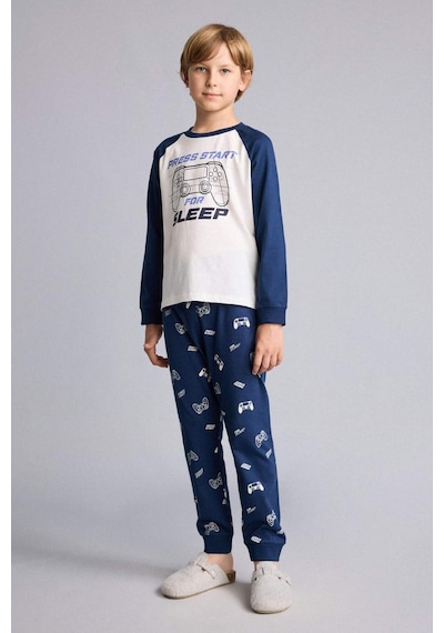 Defacto Baskılı Uzun Kollu Pijama Üstü Uzun Pijama Altı 2li Pijama Takımı Erkek Çocuk H6664a826aunv147 Lacivert-nv147