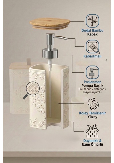 Makri Home Desenli 7 Parça Bambu Kapaklı Ve Aksesuarlı Banyo Seti Gri