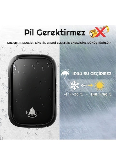 Kablosuz Pilsiz Kapı Zili 60 Melodili 150 Metre Menzilli Ip44 Suya Dayanıklı Priz Tipi Siyah