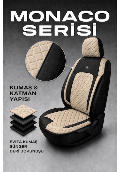 Vw Golf 7 Kasa 2013-2020 Uyumlu Monaco Serisi Eviza Deri Detaylı Bej Siyah Koltuk Kılıfı