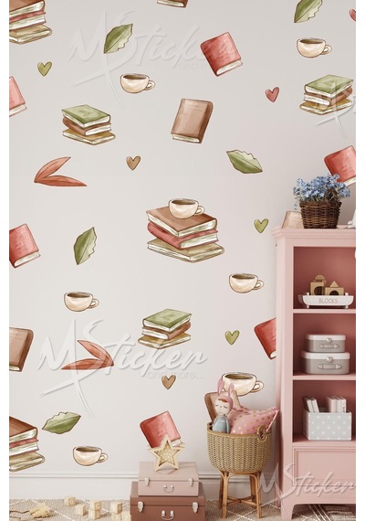 MSticker Vintage Kitaplar Yapraklar Ve Kahve Cam Duvar Sticker Seti