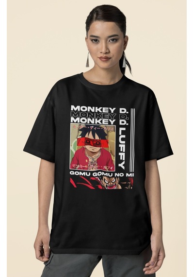 Monkey D. Luffy Tasarım Baskılı Unisex Oversize Anime Dizi Karakt Siyah