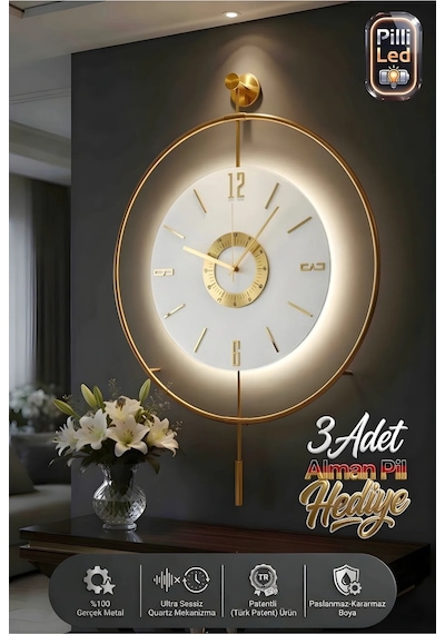 MetaQuartz Aksesuar İskandinav Kadran Gold Büyük Boy 50 x 75 CM 3 Adet Pil Metal (Mobilya) Duvar Saati Gold