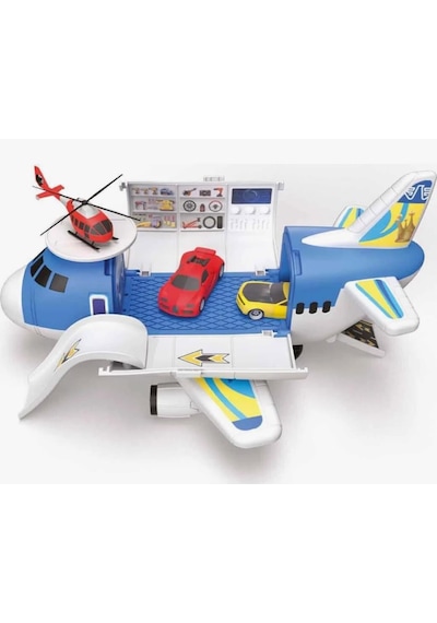 Uçak Otoparkım - 2'si 1 Arada Dönüşen Uçak Oyun Seti Ve Araç Bakım İstasyonu 32 Cm 2 Spor Araba + 1 Helikopter