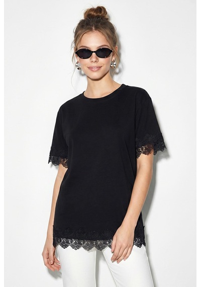Shade Kadın Bisiklet Yaka Dantel Detaylı Oversize T-shirt 2134 60286120 - Siyah
