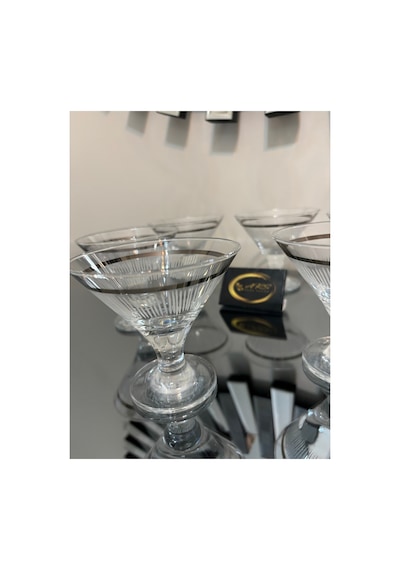 Ars Paşabahçe Gümüş Yaldızlı Dekorlu Ayaklı 6'lı Cam Kase Sunumluk, Şekerlik, Dondurmalık, Cup,çizgi