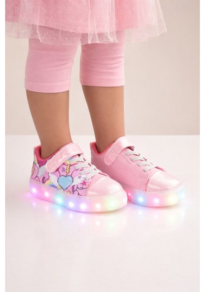 Mini Bonito Kız Çocuk Desenli Işıklı Led Tabanlı Simli Cırt Cırtlı Sneaker Pembe