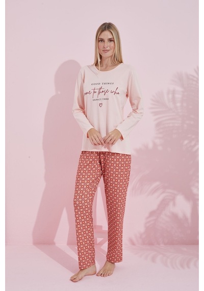 Siyah İnci Pamuklu Örme Pijama Takım 24240182 Somon