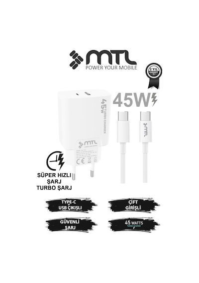 45w Turbo Çift Çıkış Type-c+usb Adaptör+type-c Type-c Kablo Süper Fast Şarj Seti Mt1752