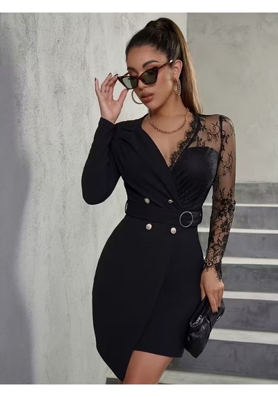 Butik İstanbul Kadın Uzun Kollu Kruvaze Yakalı Önden Düğmeli Kısa Ithal Krep Elbise Siyah