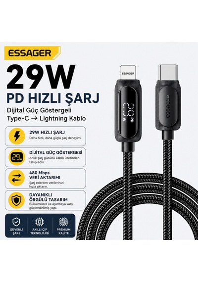 Essager 1 Metre 29w Pd 3a Type-c To Lightning Hızlı Şarj Ve Data Kablosu Dijital Güç Göstergeli 480mbps Desen - Ben10