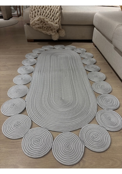 Mavaux Oval Papatya Hasır Jüt Çiçek Desenli Kilim Halı Gri